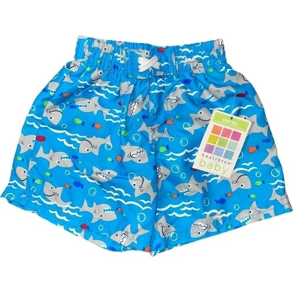 Healthtex Shark Fish Hawaiian Ocean Swimsuit Infant Boys 3 to 6 Mos Blue Lined - Picture 1 of 8